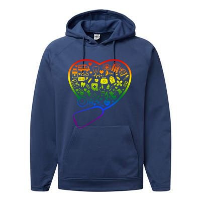 Rainbow Flag Stethoscope Heart Nurse Doctor Lgbt Ally Pride Gift Performance Fleece Hoodie