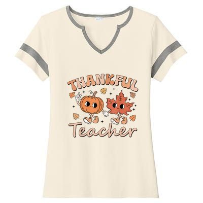 Retro Fall Thankful Teacher Thanksgiving Ladies Halftime Notch Neck Tee