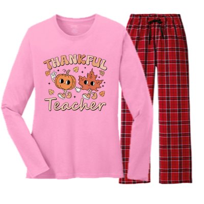 Retro Fall Thankful Teacher Thanksgiving Women's Long Sleeve Flannel Pajama Set 