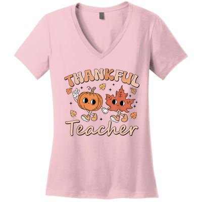 Retro Fall Thankful Teacher Thanksgiving Women's V-Neck T-Shirt