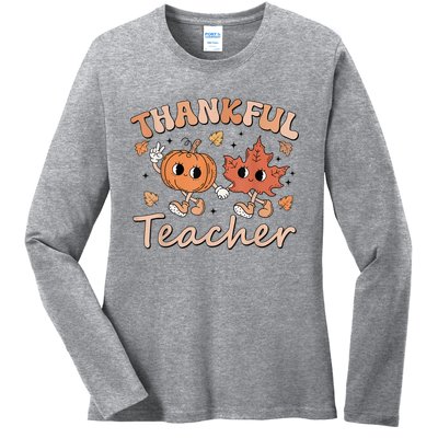 Retro Fall Thankful Teacher Thanksgiving Ladies Long Sleeve Shirt