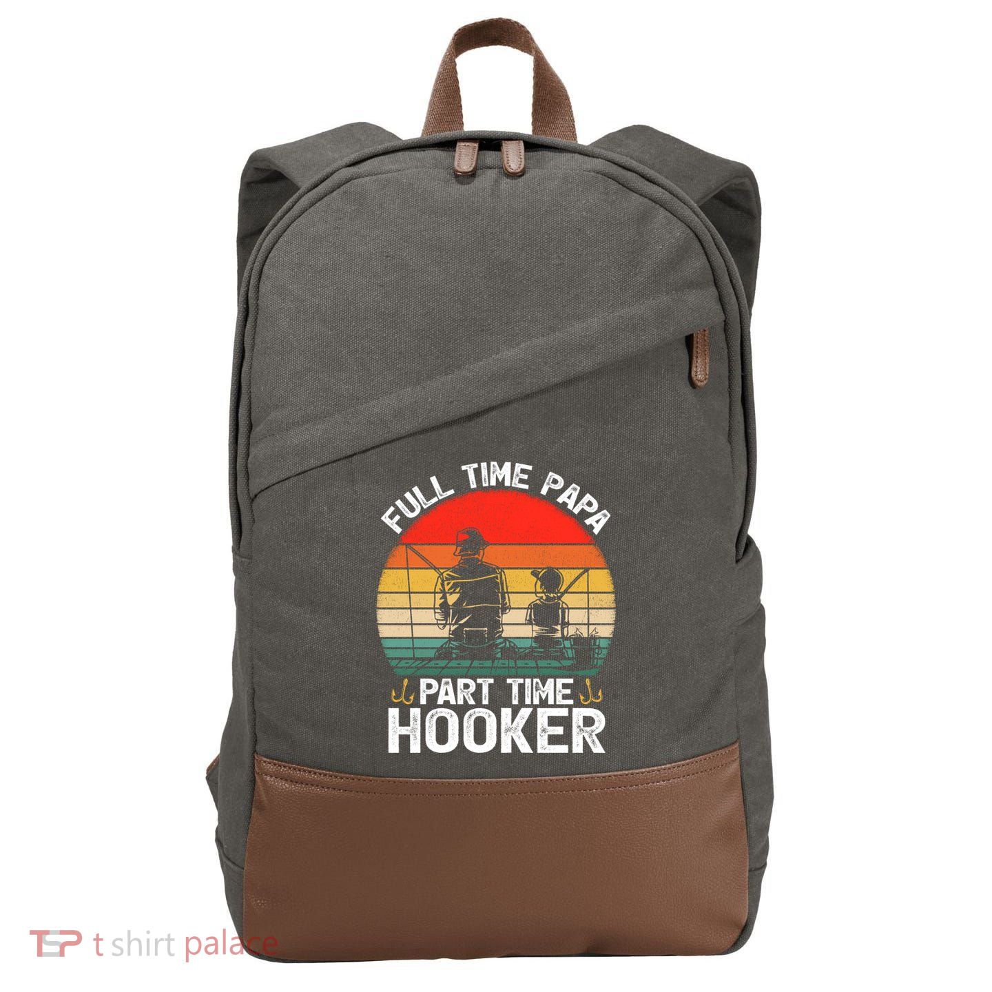 Retro Full Time Papa Part Time Hooker Father's Day Fishing Gift Cotton Canvas Backpack