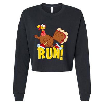 Run! Funny Thanksgiving Running 5k Race Turkey Trot Cropped Pullover Crew