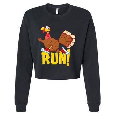 Run! Funny Thanksgiving Running 5k Race Turkey Trot Cropped Pullover Crew