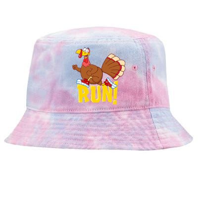 Run! Funny Thanksgiving Running 5k Race Turkey Trot Tie-Dyed Bucket Hat