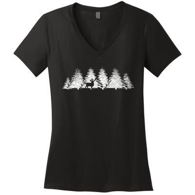 Reflection Forest Trees Outdoor Nature Wildlife Animal Deer Women's V-Neck T-Shirt