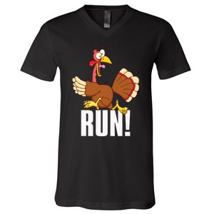 Run! Funny Thanksgiving Running 5k Race Turkey Trot V-Neck T-Shirt