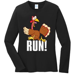 Run! Funny Thanksgiving Running 5k Race Turkey Trot Ladies Long Sleeve Shirt