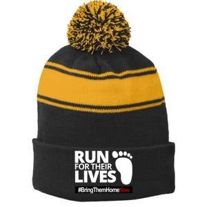 Run For Their Lives Bring Them Home Now Awareness Stripe Pom Pom Beanie