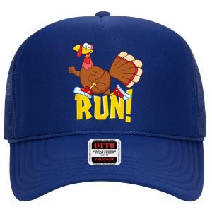 Run! Funny Thanksgiving Running 5k Race Turkey Trot High Crown Mesh Back Trucker Hat