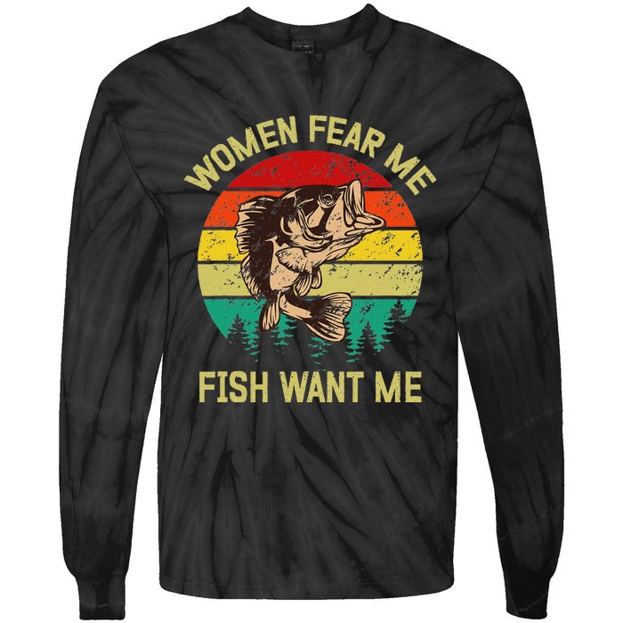 Retro Funny Vintage Fish Bass Want Me Women Fear Me Fishing Tie-Dye Long Sleeve Shirt