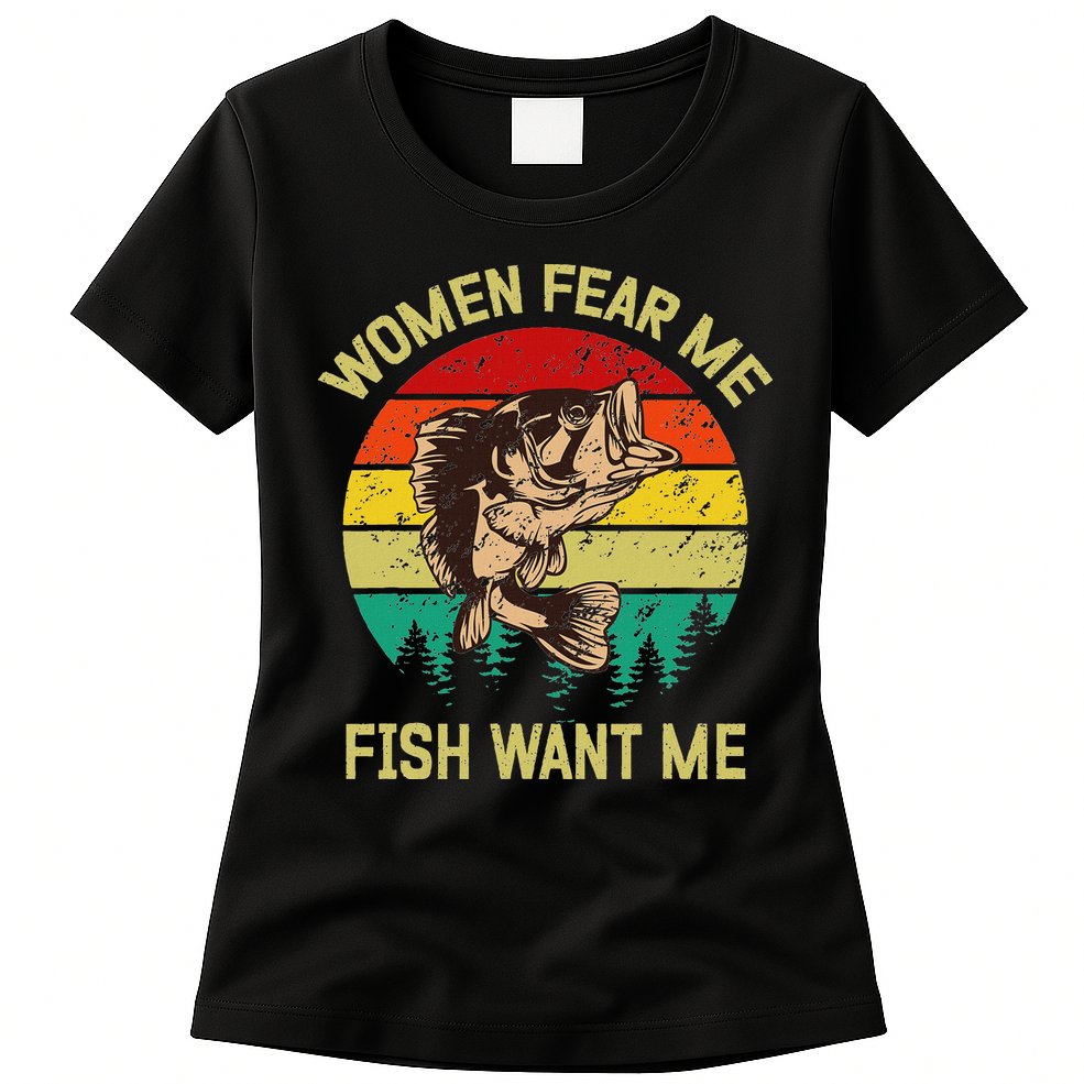 Retro Funny Vintage Fish Bass Want Me Women Fear Me Fishing Womens T-Shirt