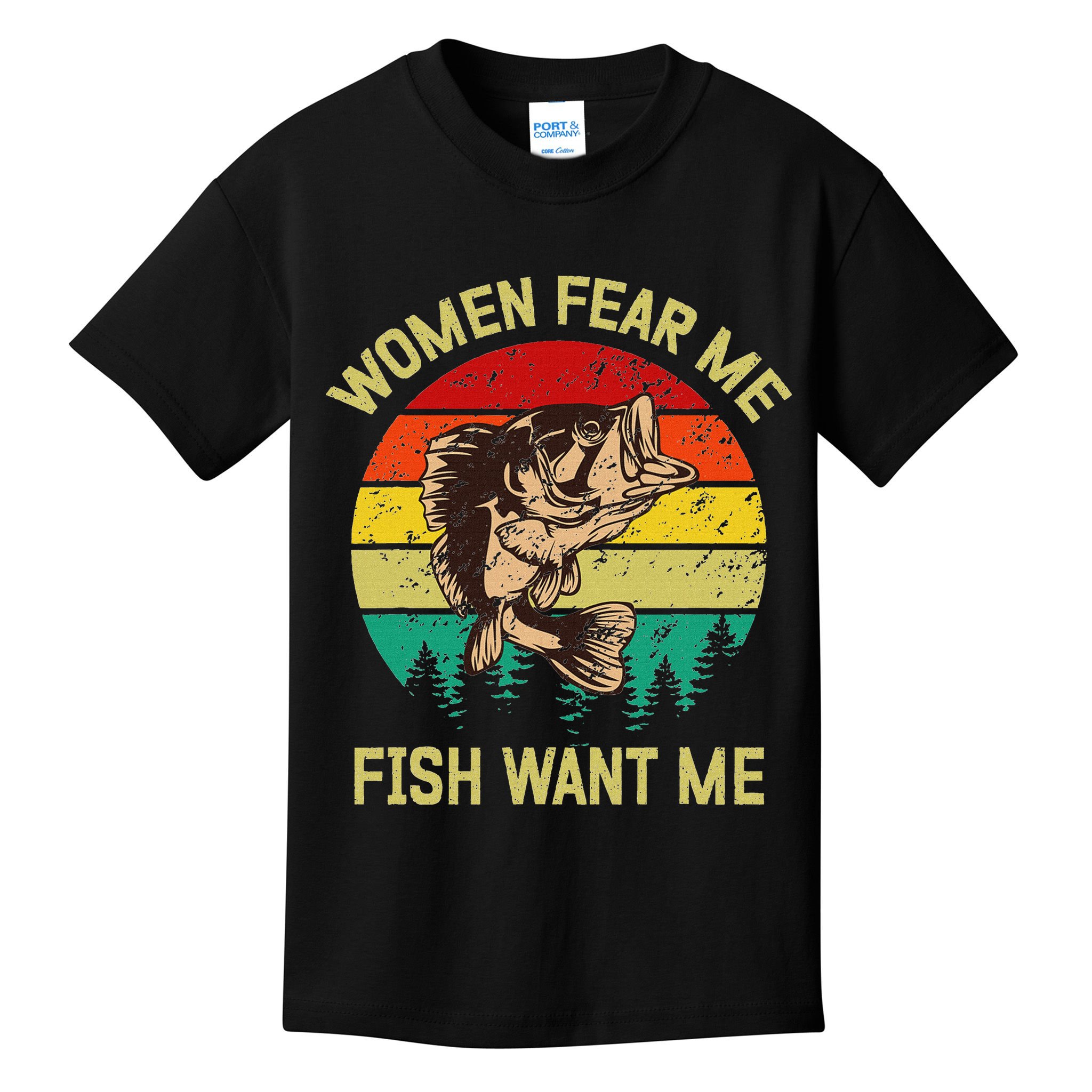 Retro Funny Vintage Fish Bass Want Me Women Fear Me Fishing Kids T-Shirt