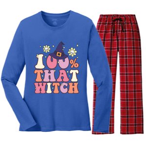 Retro Groovy 100% That Witch Funny 100 Percent That Witch Cool Gift Women's Long Sleeve Flannel Pajama Set 