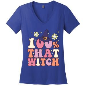 Retro Groovy 100% That Witch Funny 100 Percent That Witch Cool Gift Women's V-Neck T-Shirt