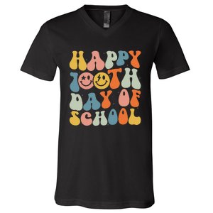 Retro Groovy 100 Days Happy 100th Day Of School Teacher V-Neck T-Shirt