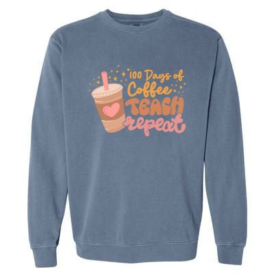 Retro Groovy 100 Days Of Coffee Teach Repeat Teacher Class Gift Garment-Dyed Sweatshirt