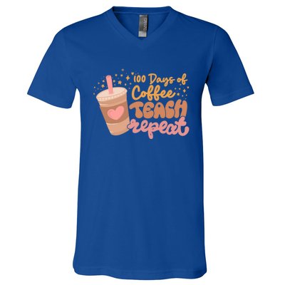 Retro Groovy 100 Days Of Coffee Teach Repeat Teacher Class Gift V-Neck T-Shirt