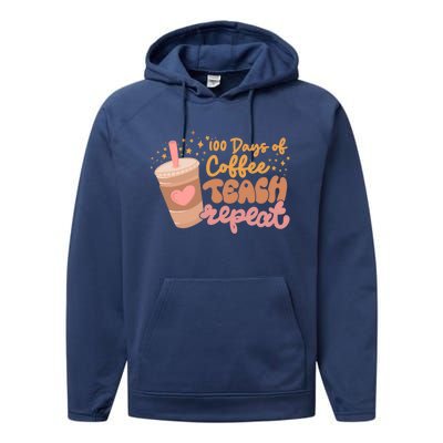 Retro Groovy 100 Days Of Coffee Teach Repeat Teacher Class Gift Performance Fleece Hoodie