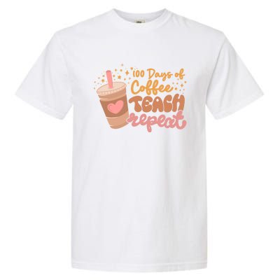 Retro Groovy 100 Days Of Coffee Teach Repeat Teacher Class Gift Garment-Dyed Heavyweight T-Shirt