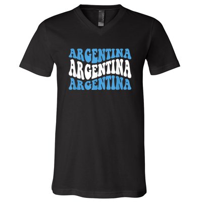 Retro Groovy Argentina Football Argentinian Soccer Flag V-Neck T-Shirt