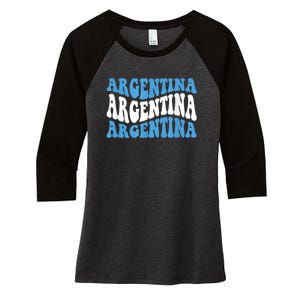 Retro Groovy Argentina Football Argentinian Soccer Flag Women's Tri-Blend 3/4-Sleeve Raglan Shirt