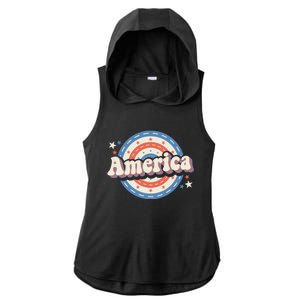 Retro Groovy America American Flag 4th Of July Gift Ladies PosiCharge Tri-Blend Wicking Draft Hoodie Tank