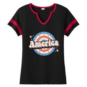 Retro Groovy America American Flag 4th Of July Gift Ladies Halftime Notch Neck Tee