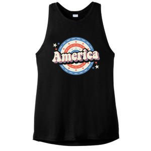 Retro Groovy America American Flag 4th Of July Gift Ladies PosiCharge Tri-Blend Wicking Tank