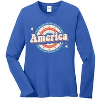 Retro Groovy America American Flag 4th Of July Gift Ladies Long Sleeve Shirt