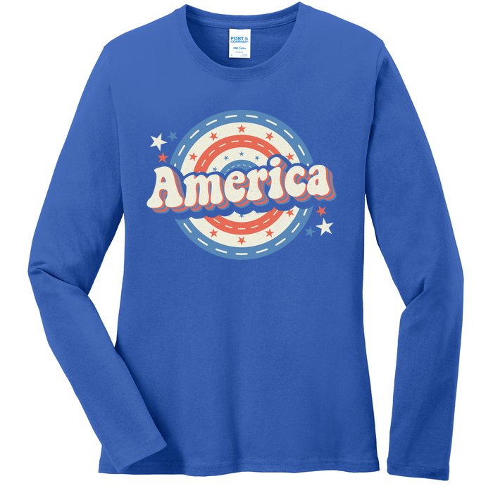 Retro Groovy America American Flag 4th Of July Gift Ladies Long Sleeve Shirt