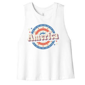 Retro Groovy America American Flag 4th Of July Gift Women's Racerback Cropped Tank