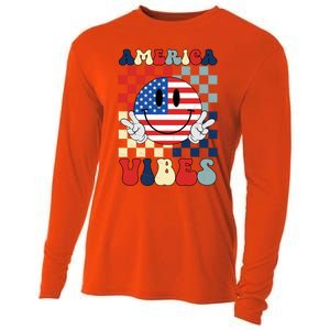 Retro Groovy America Vibes Usa Flag Indepedence Day July 4th Funny Gift Cooling Performance Long Sleeve Crew