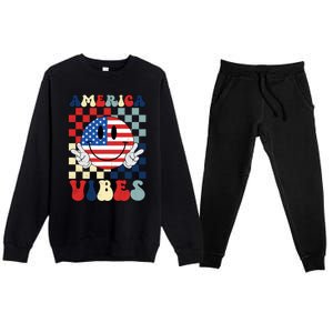 Retro Groovy America Vibes Usa Flag Indepedence Day July 4th Funny Gift Premium Crewneck Sweatsuit Set