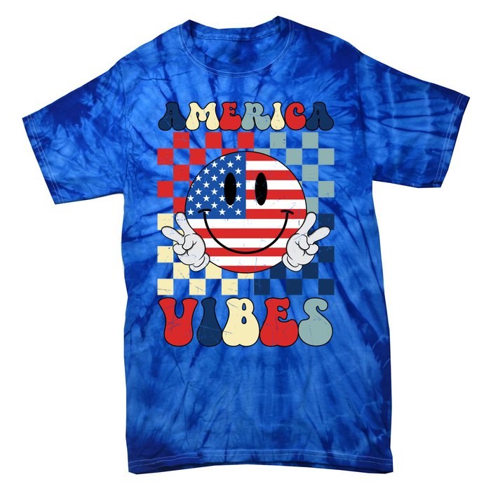 Retro Groovy America Vibes Usa Flag Indepedence Day July 4th Funny Gift Tie-Dye T-Shirt