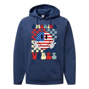 Retro Groovy America Vibes Usa Flag Indepedence Day July 4th Funny Gift Performance Fleece Hoodie