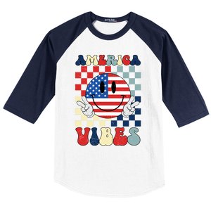 Retro Groovy America Vibes Usa Flag Indepedence Day July 4th Funny Gift Baseball Sleeve Shirt