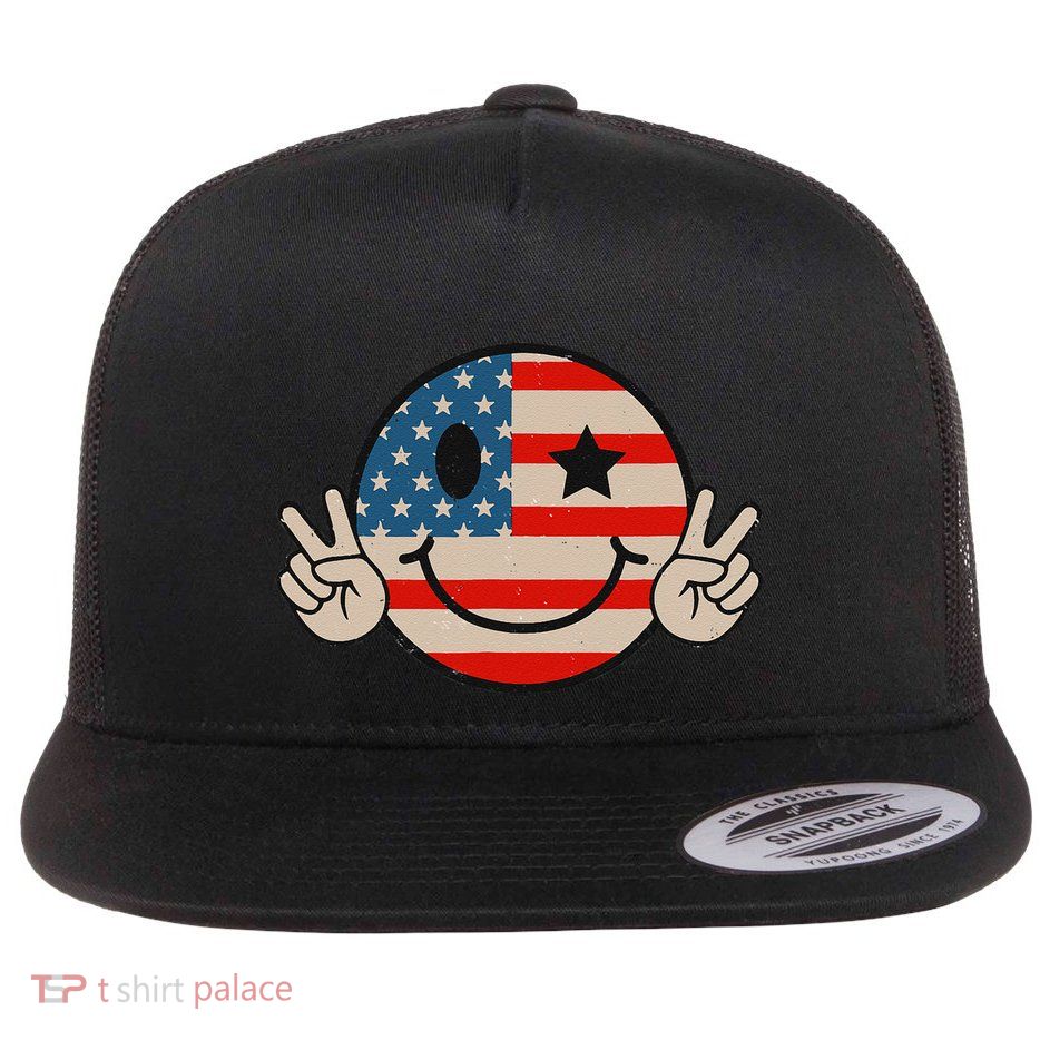 Retro Groovy America Vibes Us American Flag 4th Of July Flat Bill Trucker Hat