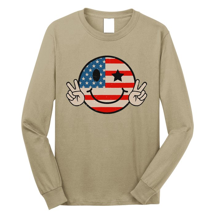 Retro Groovy America Vibes Us American Flag 4th Of July Long Sleeve Shirt