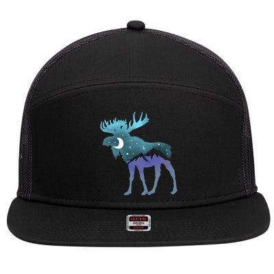 Retro Graphic Artistic Moose Night Sky Moon & Stars 7 Panel Mesh Trucker Snapback Hat