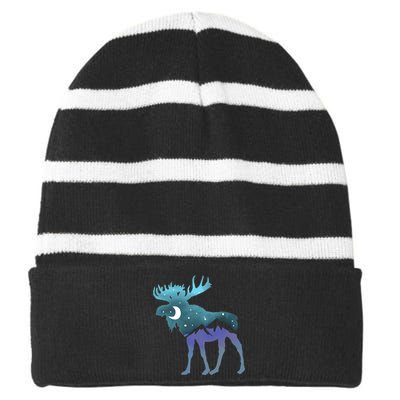 Retro Graphic Artistic Moose Night Sky Moon & Stars Striped Beanie with Solid Band