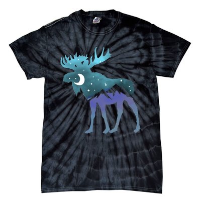 Retro Graphic Artistic Moose Night Sky Moon & Stars Tie-Dye T-Shirt