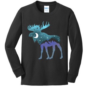 Retro Graphic Artistic Moose Night Sky Moon & Stars Kids Long Sleeve Shirt