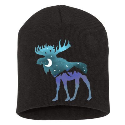 Retro Graphic Artistic Moose Night Sky Moon & Stars Short Acrylic Beanie