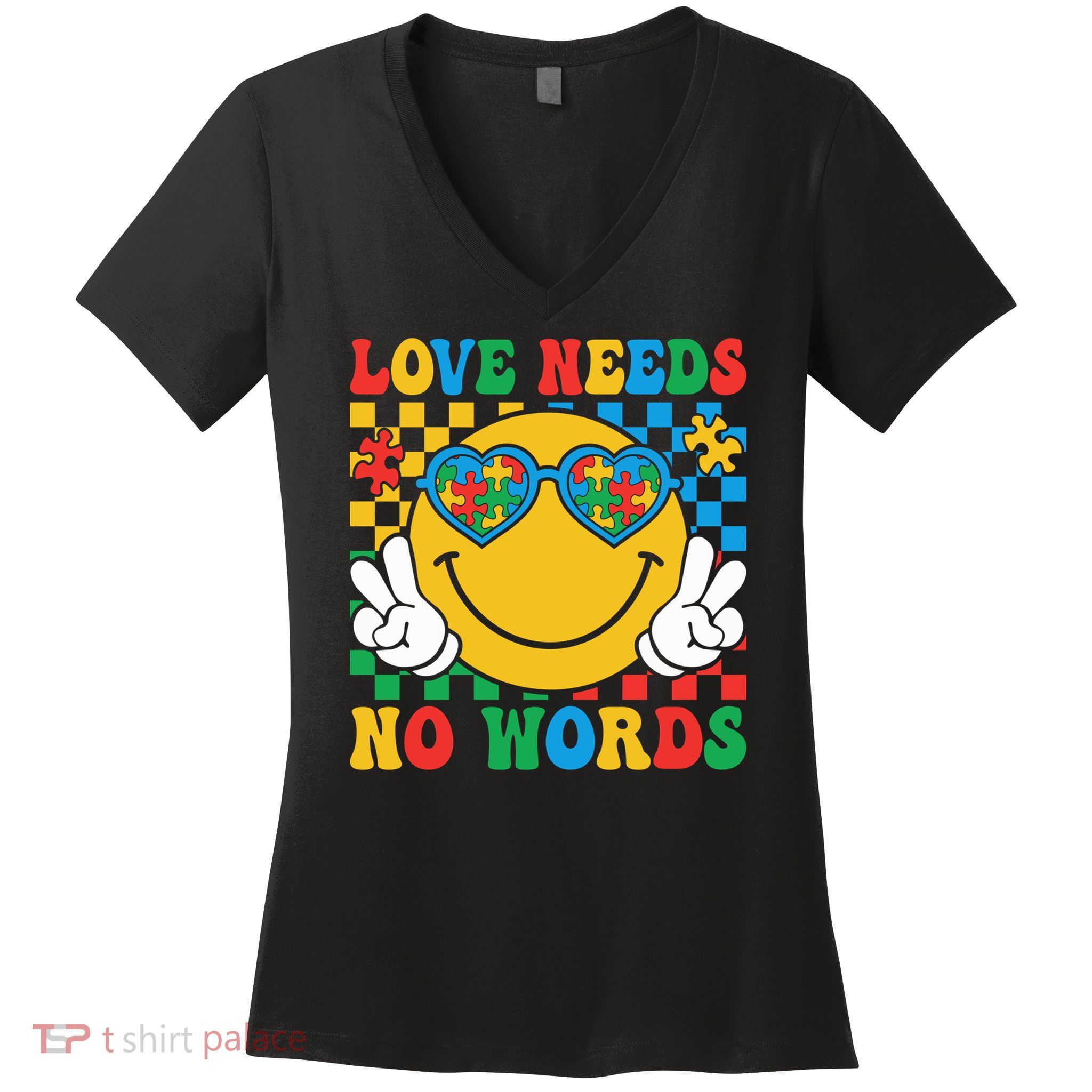Retro Groovy Autism Awareness Love Needs No Words Cute Gift Women's V-Neck T-Shirt