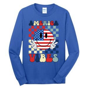 Retro Groovy America Vibes Usa Flag Indepedence Day July 4th Gift Tall Long Sleeve T-Shirt