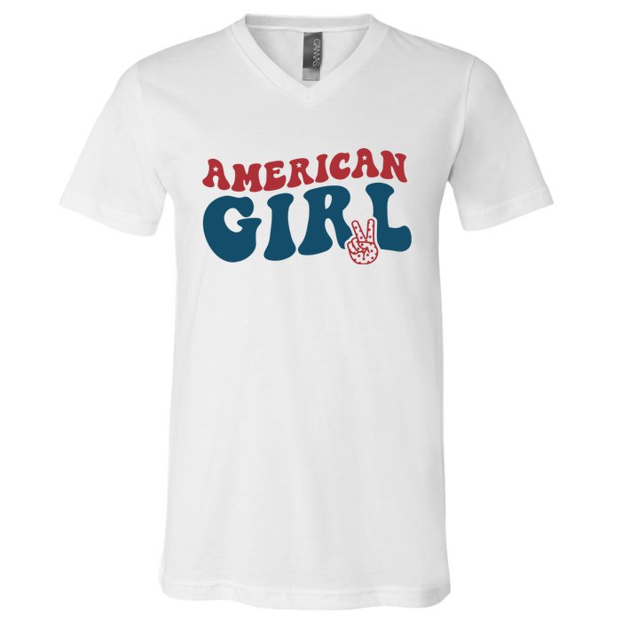 Retro Groovy All American Girl Fourth 4th Of July Patriotic V-Neck T-Shirt