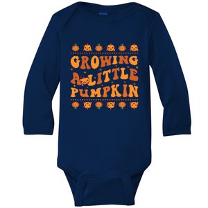 Retro Growing A Little Pumpkin Cute New Mom Fall Pregnancy Gift Baby Long Sleeve Bodysuit