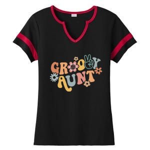 Retro Groovy Aunt Matching Family 1st Birthday Party Ladies Halftime Notch Neck Tee