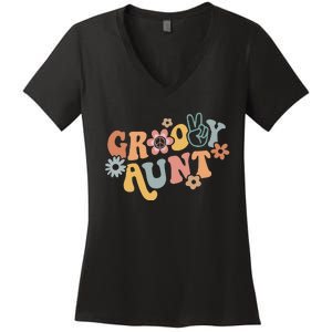 Retro Groovy Aunt Matching Family 1st Birthday Party Women's V-Neck T-Shirt